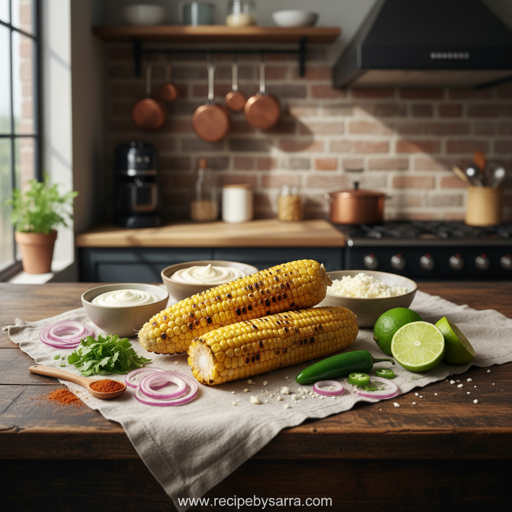 Authentic Mexican Esquites Corn Salad - Creamy Street Corn Off the Cob Recipe 2 Fresh ingredients for Mexican esquites corn salad including corn, cotija cheese, and seasonings