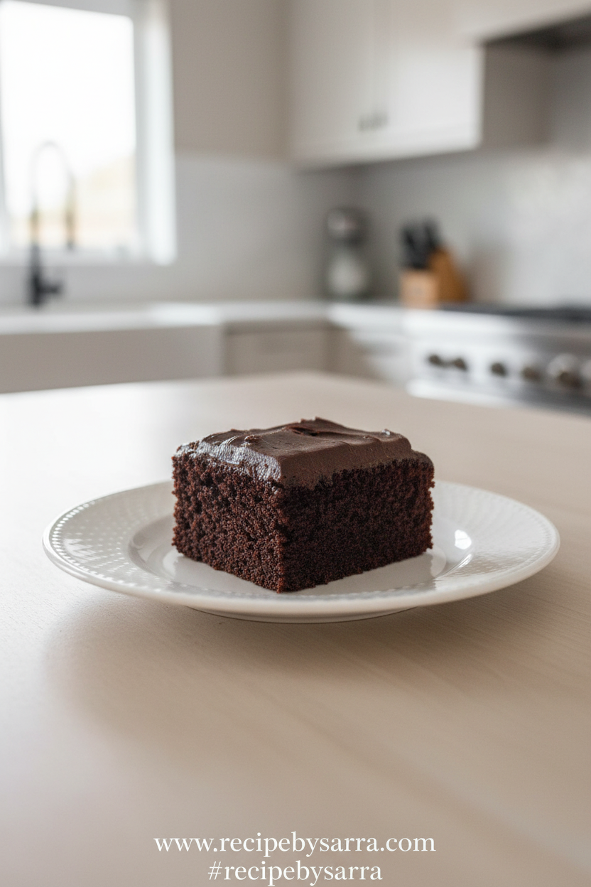 Moist fudgy chocolate cake slices on a plate