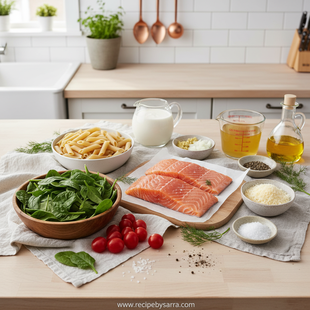 One Pot Creamy Salmon Pasta Recipe - Easy Weeknight Dinner 2 Ingredients for creamy salmon pasta lined up on counter