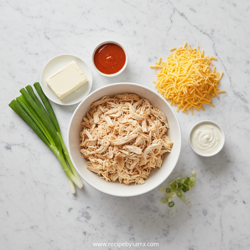 Ingredients for buffalo chicken dip including cream cheese, chicken, buffalo sauce, and cheese