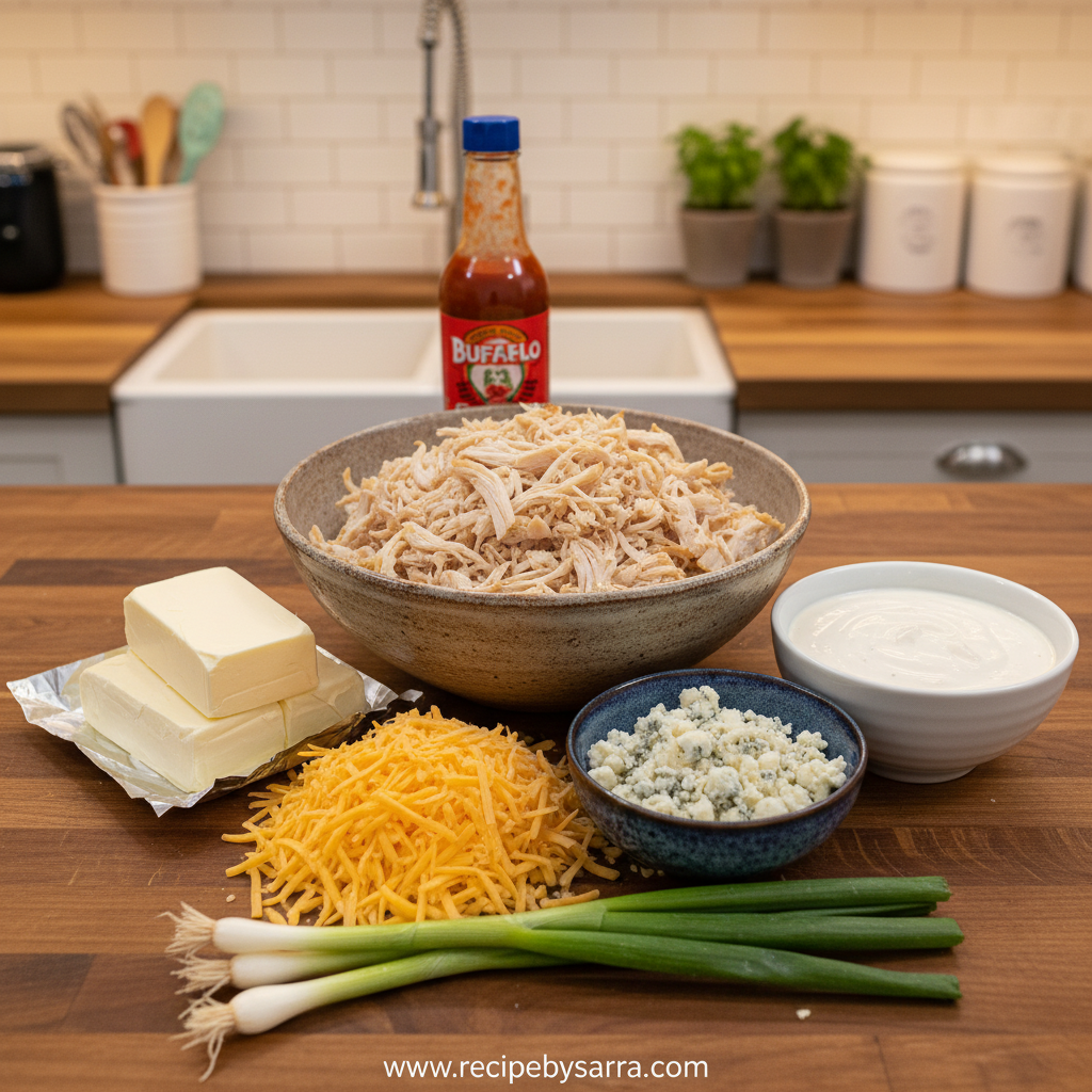 Ingredients for creamy buffalo chicken dip