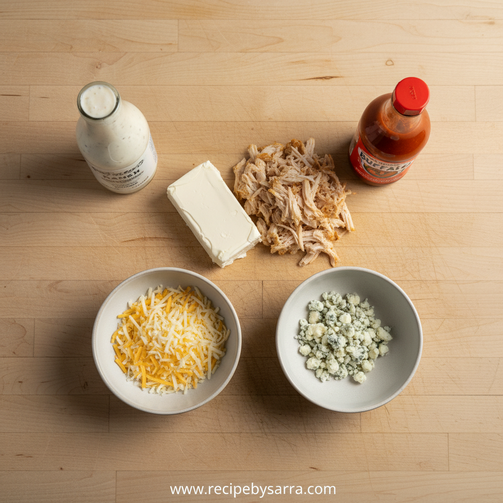 The Ultimate Buffalo Chicken Dip Recipe - Best Crowd-Pleasing Party Dip 2 Ingredients for buffalo chicken dip including cream cheese, shredded chicken, Buffalo sauce, and cheeses