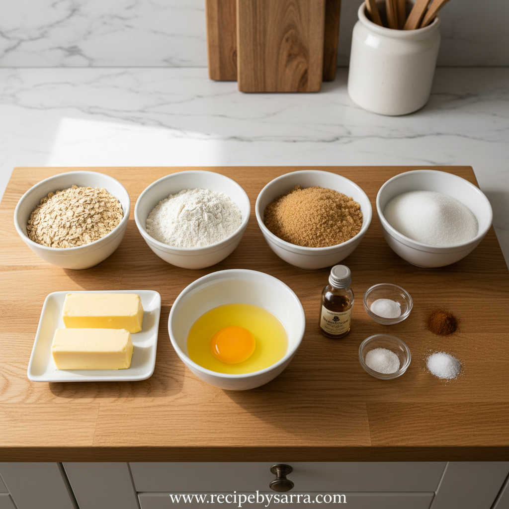 Ingredients for making perfect oatmeal cookies