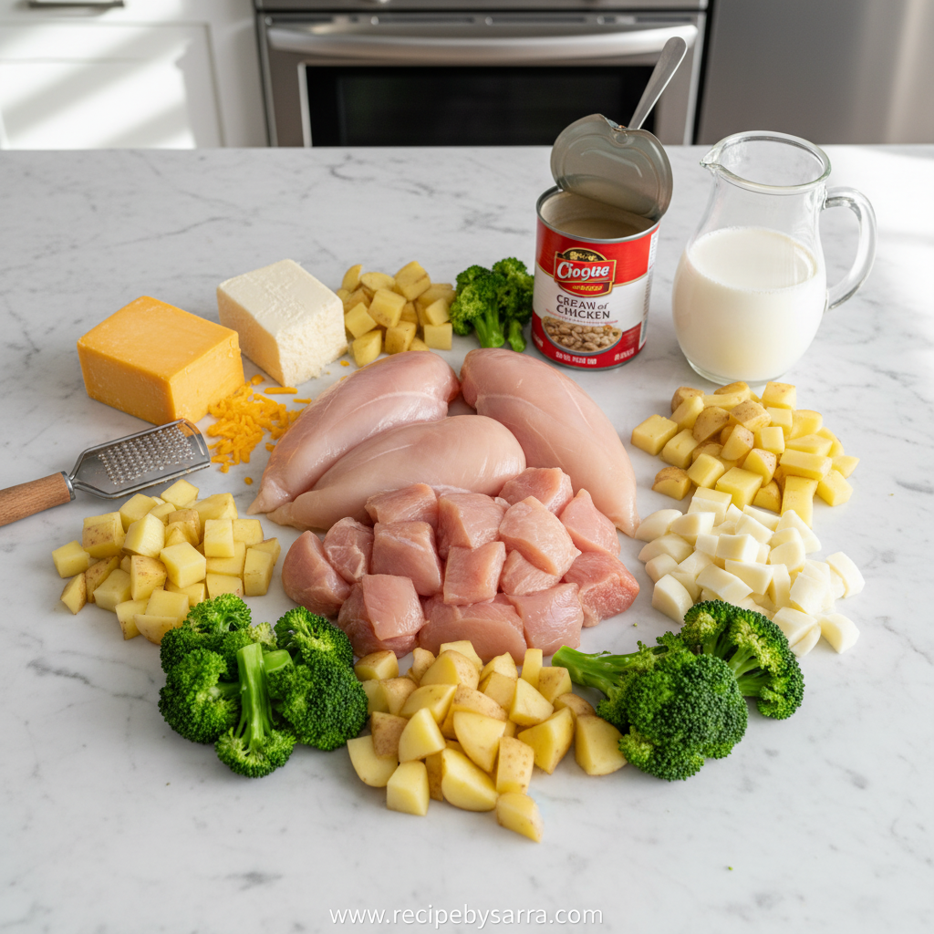 Ingredients for chicken potato broccoli casserole on counter