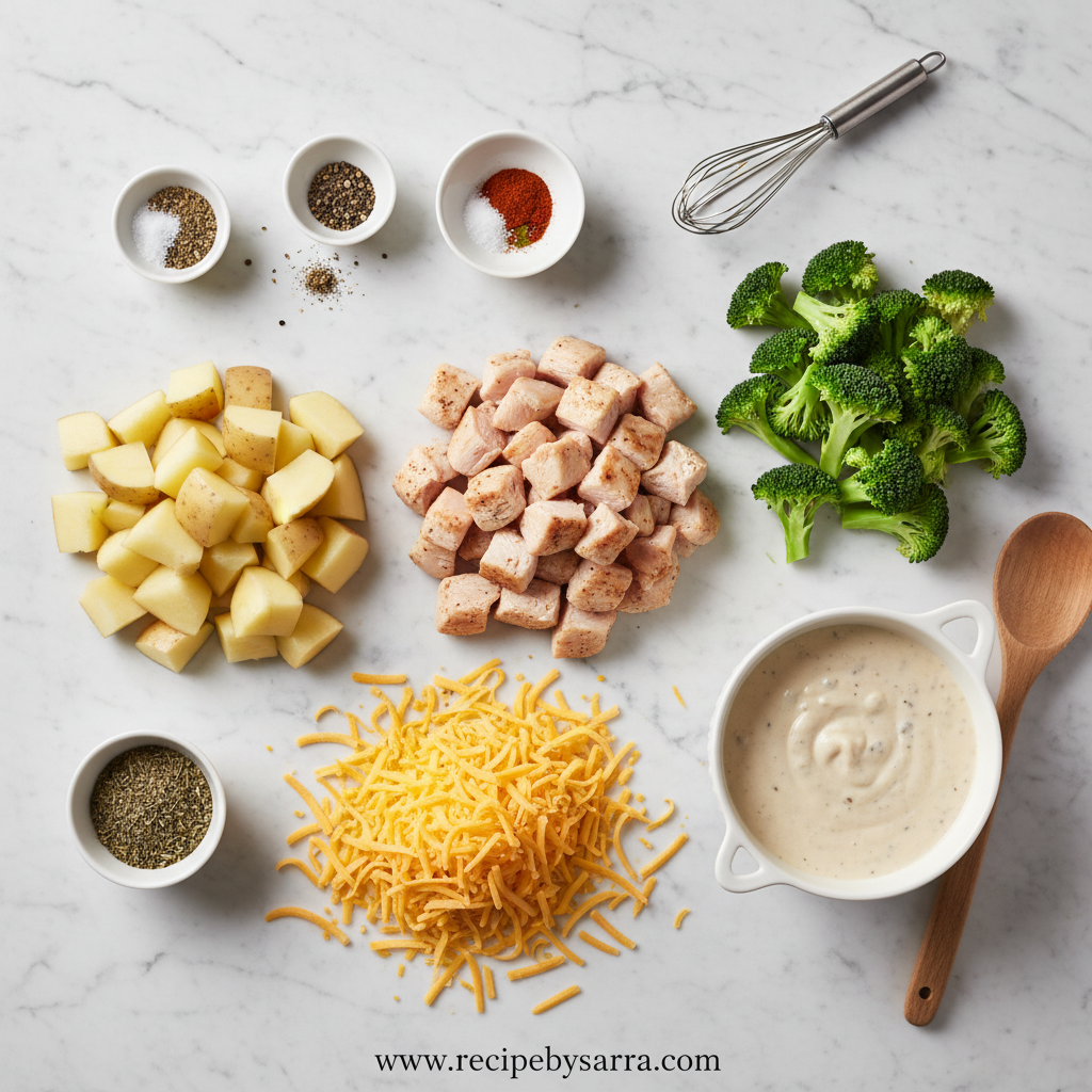 Fresh ingredients for chicken potato broccoli casserole
