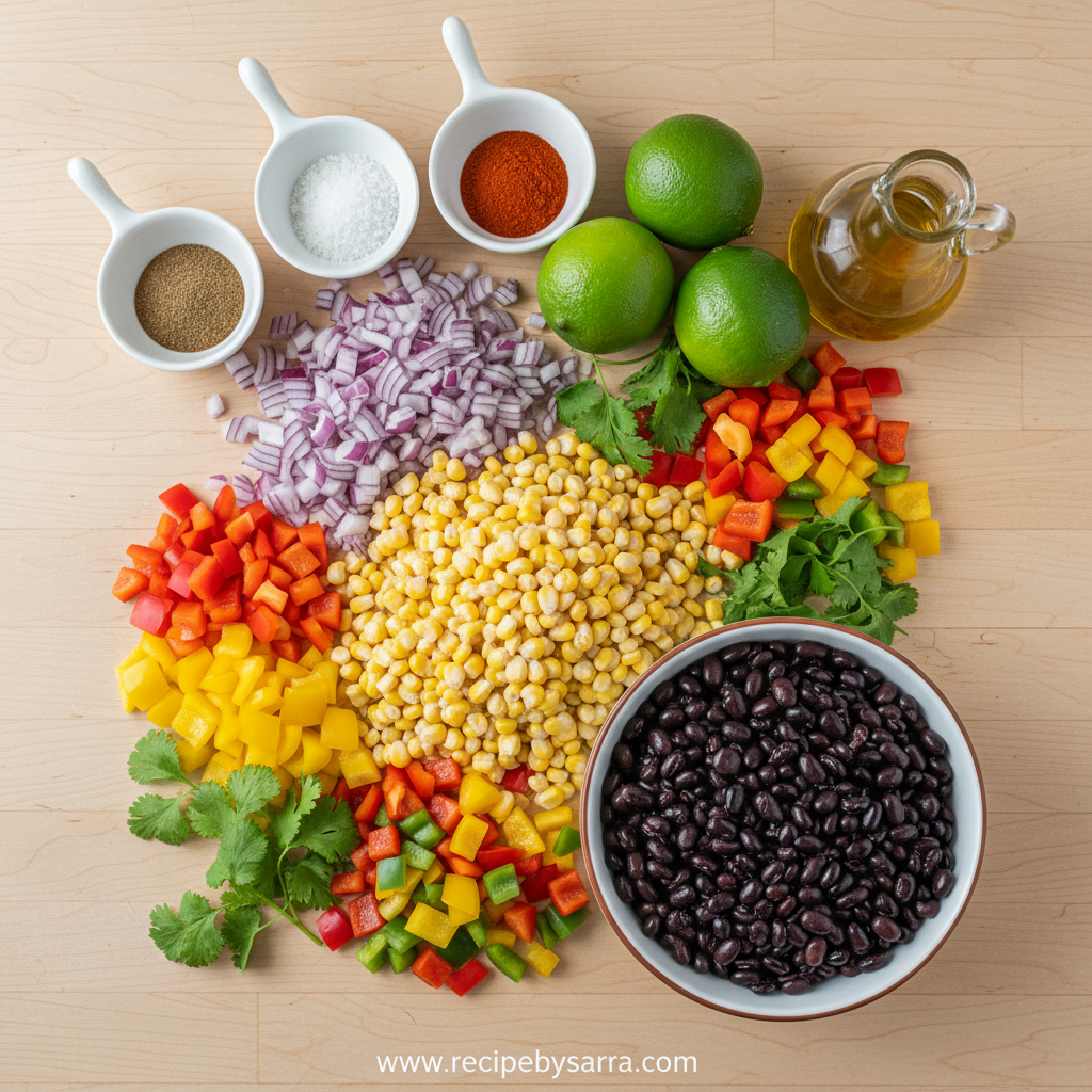 Vibrant Corn Black Bean Salad with Zesty Mexican Vinaigrette 2 Fresh ingredients for corn black bean salad including corn, beans, peppers, and herbs
