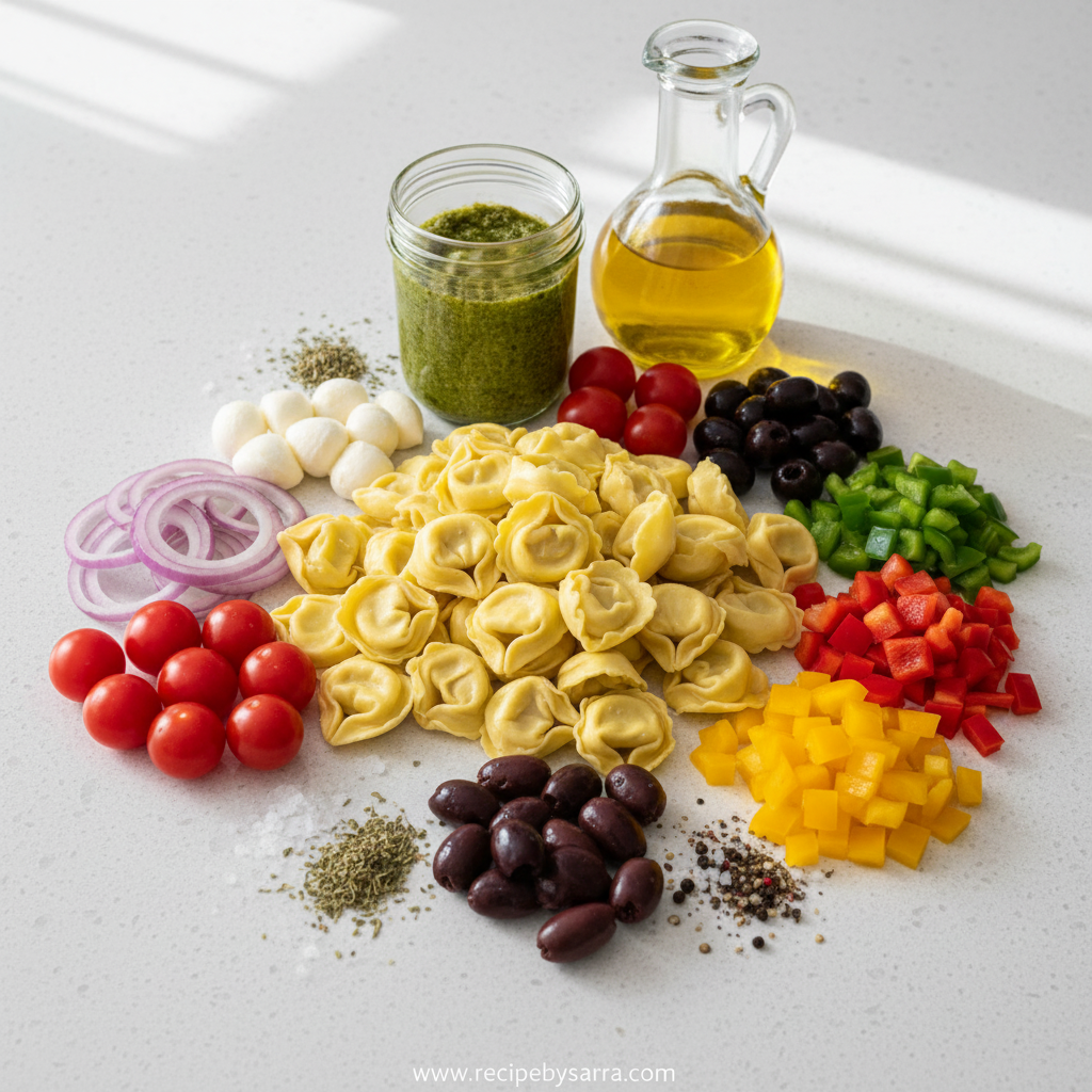 Ingredients for tortellini pasta salad including tortellini, vegetables, and dressing ingredients