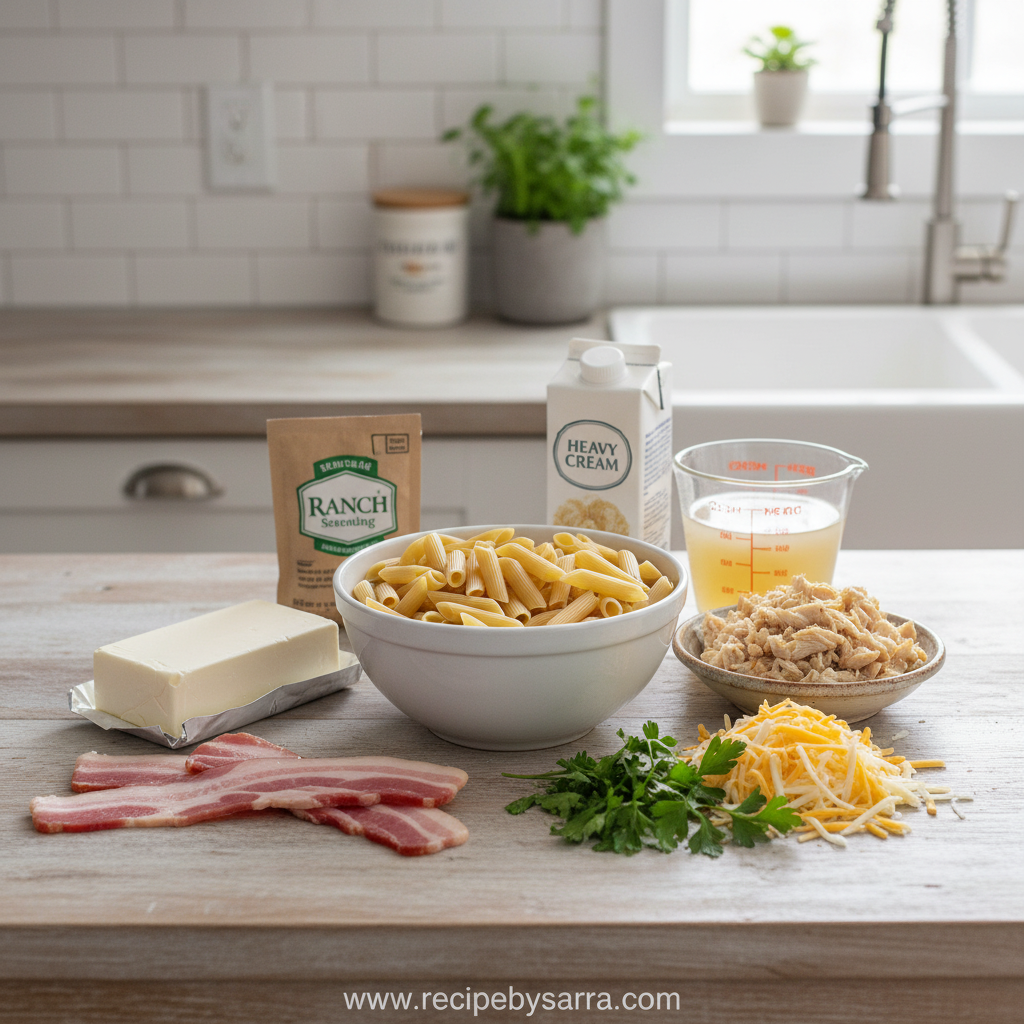Crack Chicken Penne - Creamy Ranch Chicken Pasta with Turkey 2 Ingredients for crack chicken penne including chicken, turkey, penne pasta, cream cheese, and ranch seasoning