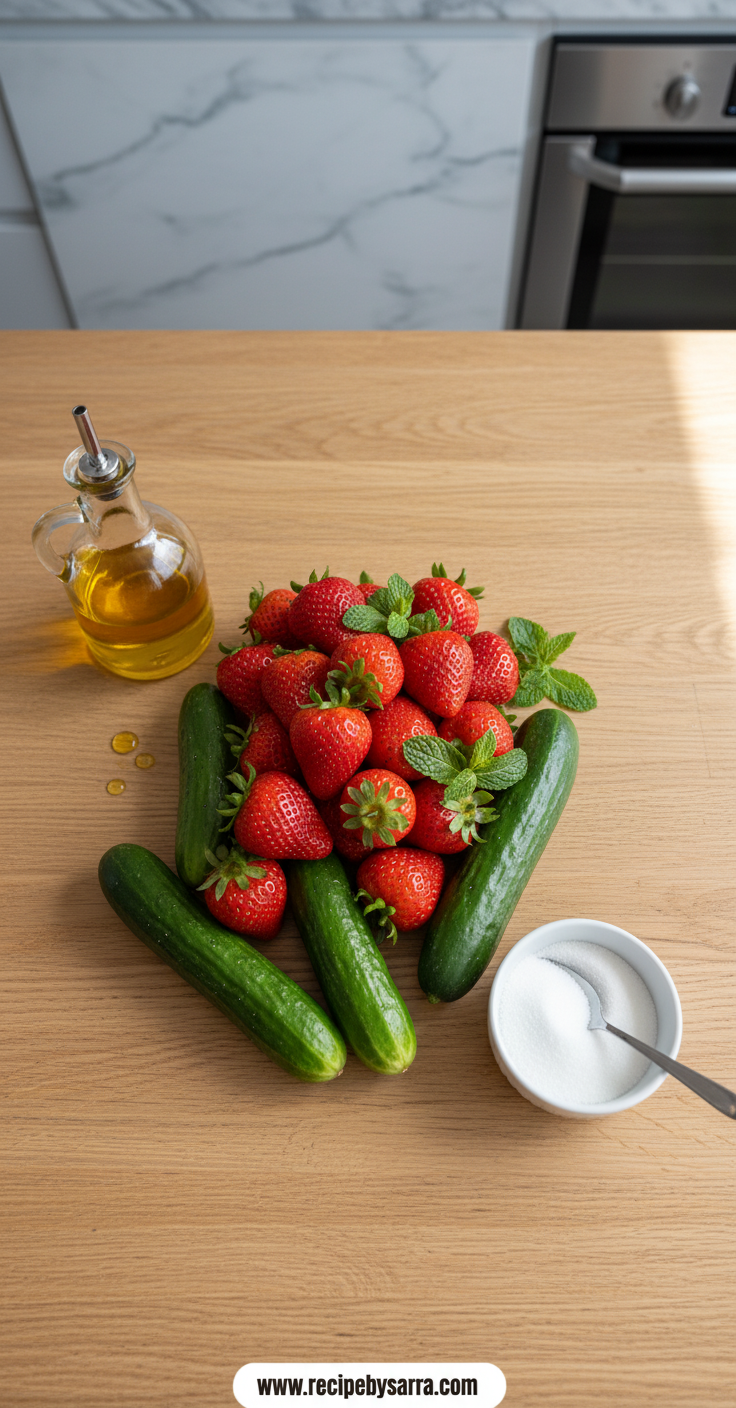 Ingredients for cucumber strawberry salad laid out on counter