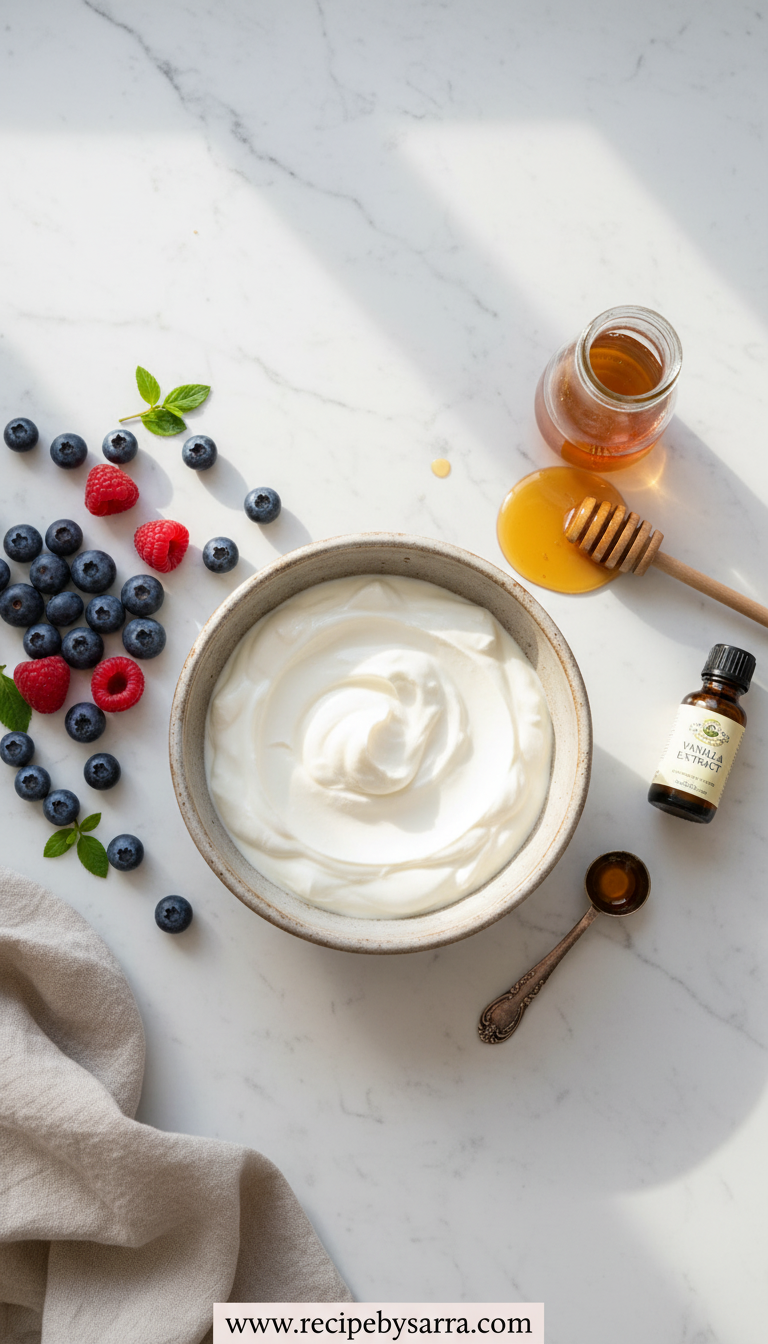 Ingredients for making frozen Greek yogurt including fresh fruits, honey, and vanilla