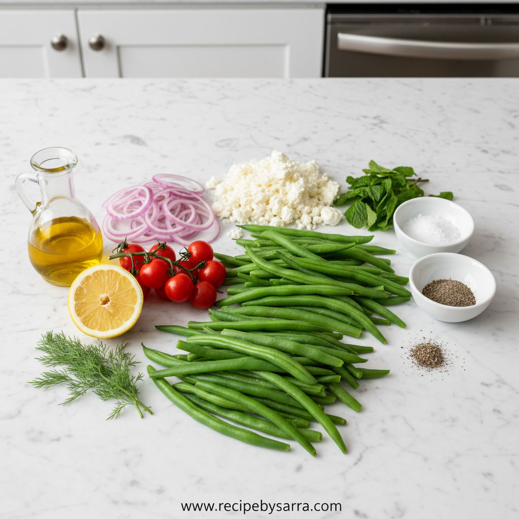 Fresh ingredients for green bean feta salad including green beans, feta cheese, tomatoes, and herbs