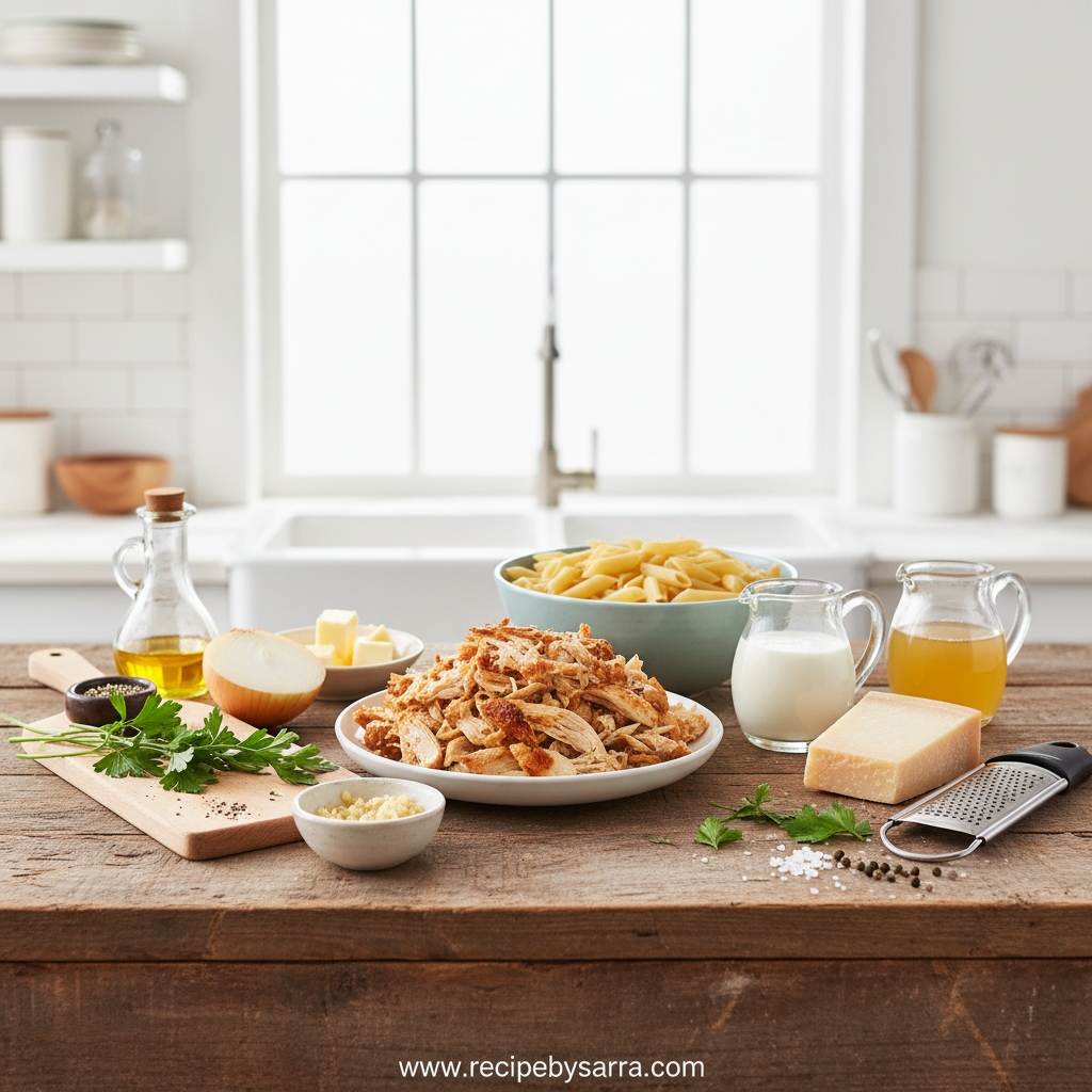 Ingredients for creamy chicken pasta including pasta, rotisserie chicken, cream, and cheese