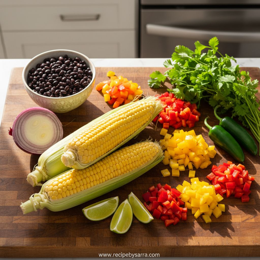 Fresh ingredients for Mexican corn bean salad including corn, black beans, peppers, and lime