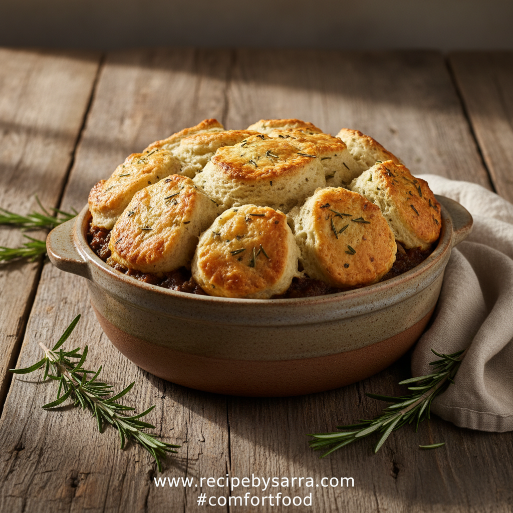 Herbed biscuit beef pot pie with a golden, fluffy topping