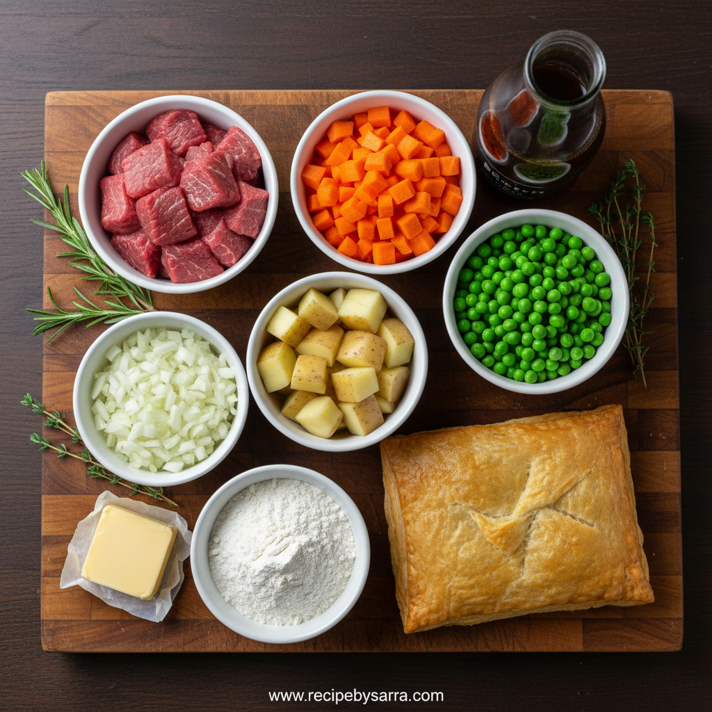 Ingredients for beef pot pie laid out on a counter