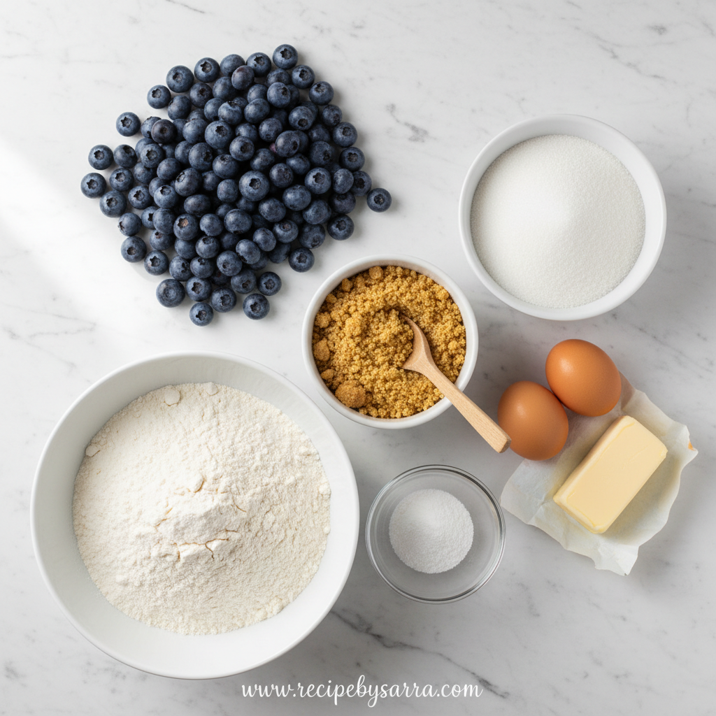 Ingredients for blueberry muffins with crumble topping