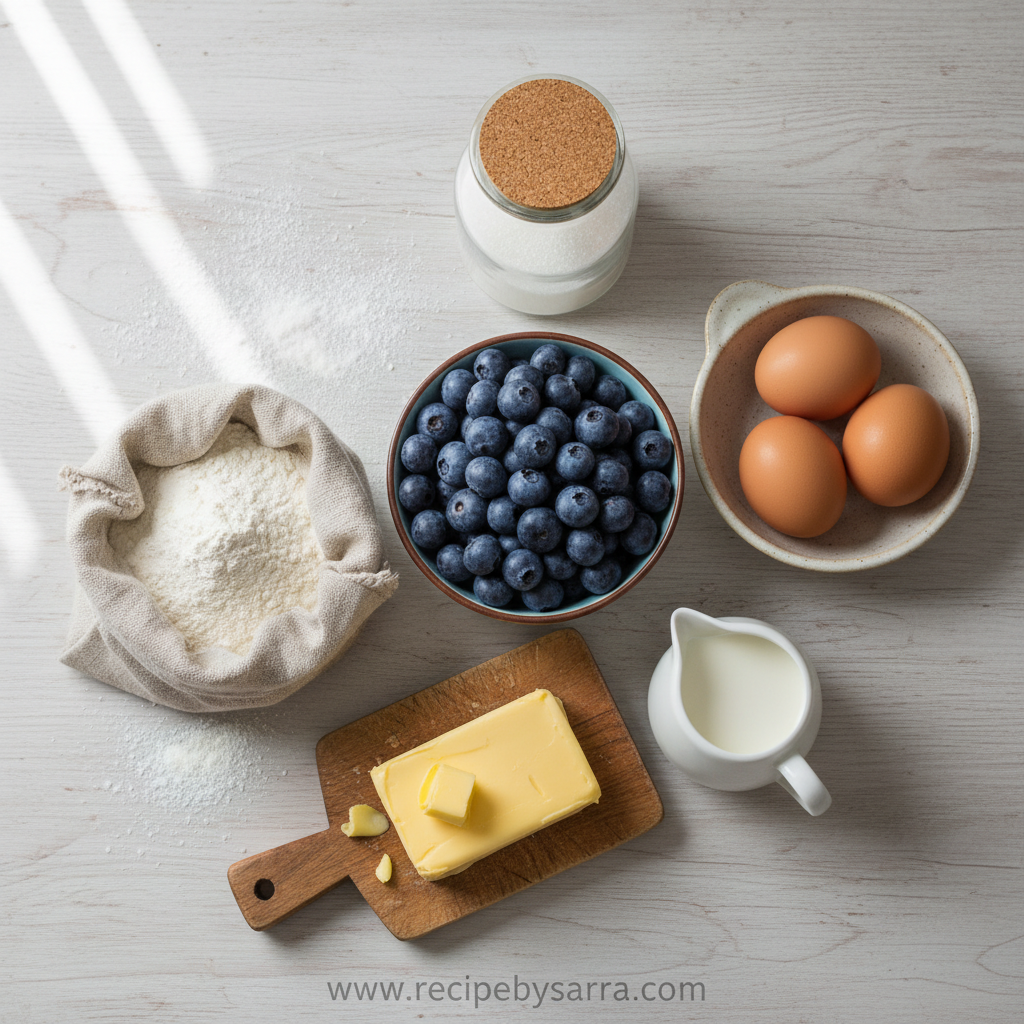 Ingredients for blueberry muffins with crumble topping