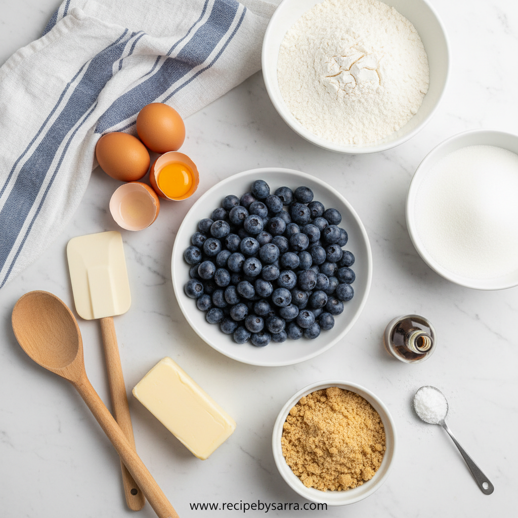 Ingredients for blueberry muffins with crumble topping