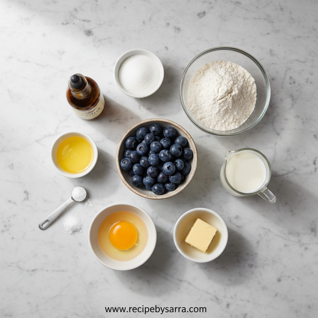 Ingredients for blueberry muffins: flour, sugar, blueberries, eggs, and more