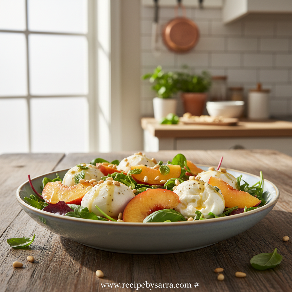 Fresh Peach Burrata Salad served in a bowl