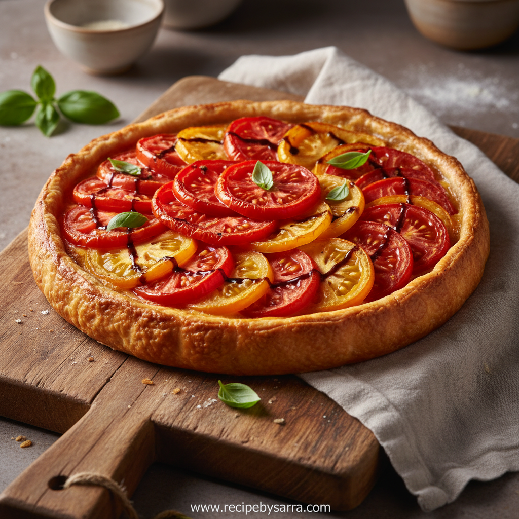 A beautifully baked tomato tart with vibrant colors and a golden crust.