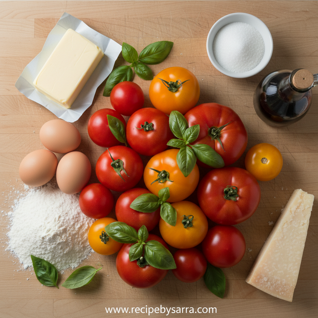 Fresh ingredients for the tomato tart including tomatoes, herbs, and pastry dough.