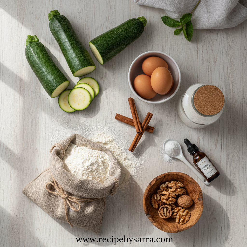 Ingredients for zucchini bread laid out on a counter