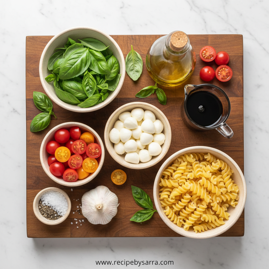 Ingredients for creamy Caprese pasta salad