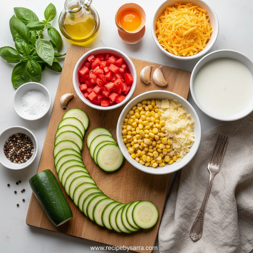 Ingredients for Cheesy Zucchini Corn Tomato Bake
