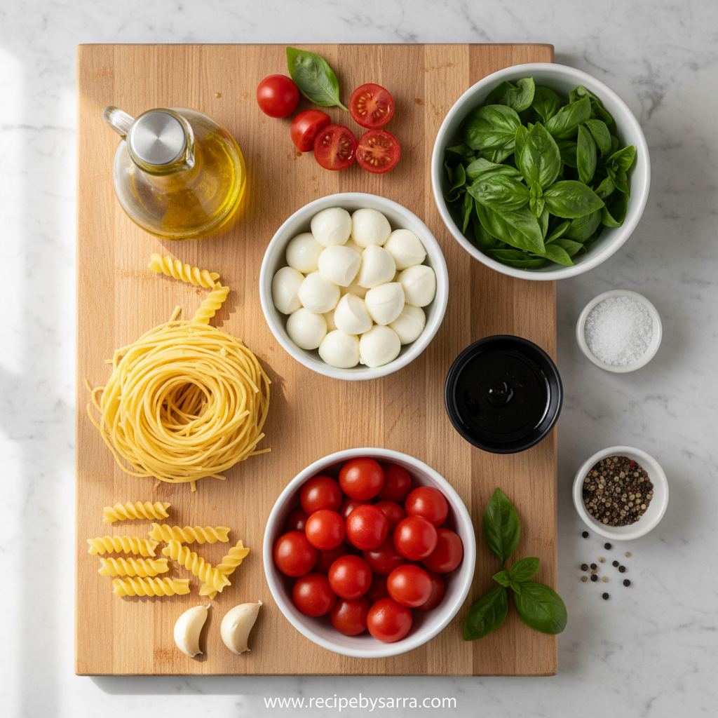 Ingredients for Easy Creamy Caprese Pasta Salad