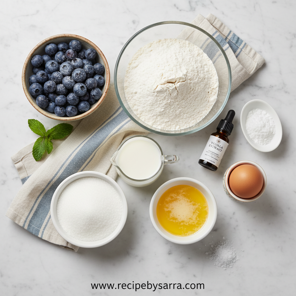 Ingredients for blueberry muffins laid out on a counter